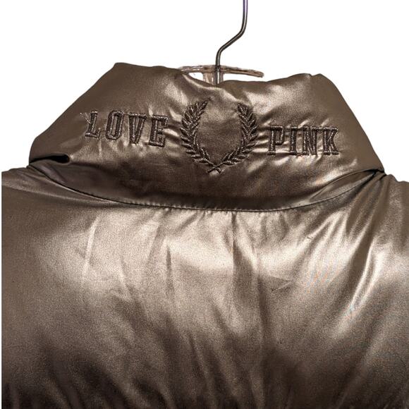 PINK Victoria's Secret Zip Up Puffer Vest Love Pink Silver Metallic Women's M - Picture 5 of 11